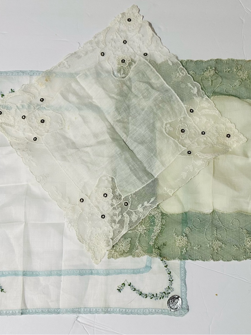 Vintage Lace-Trimmed White and Cream Handkerchief Set